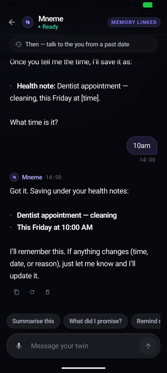 Mneme storing a memory under health notes — Samsung Galaxy Ultra