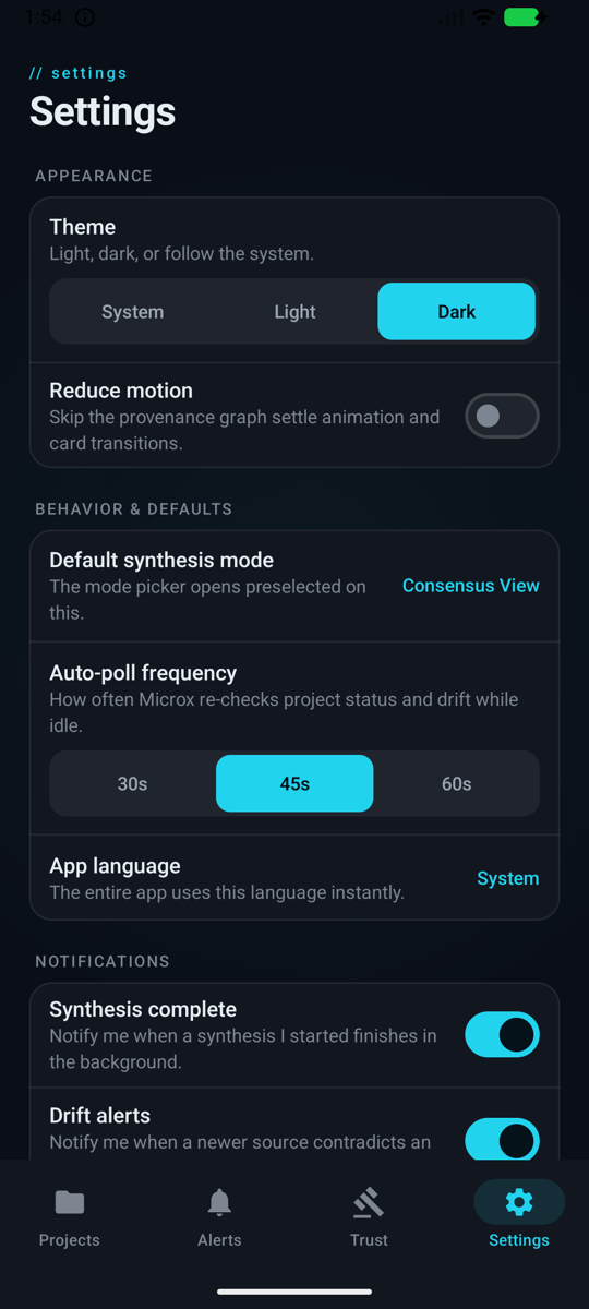 Microx settings in dark mode on a Samsung Galaxy Ultra