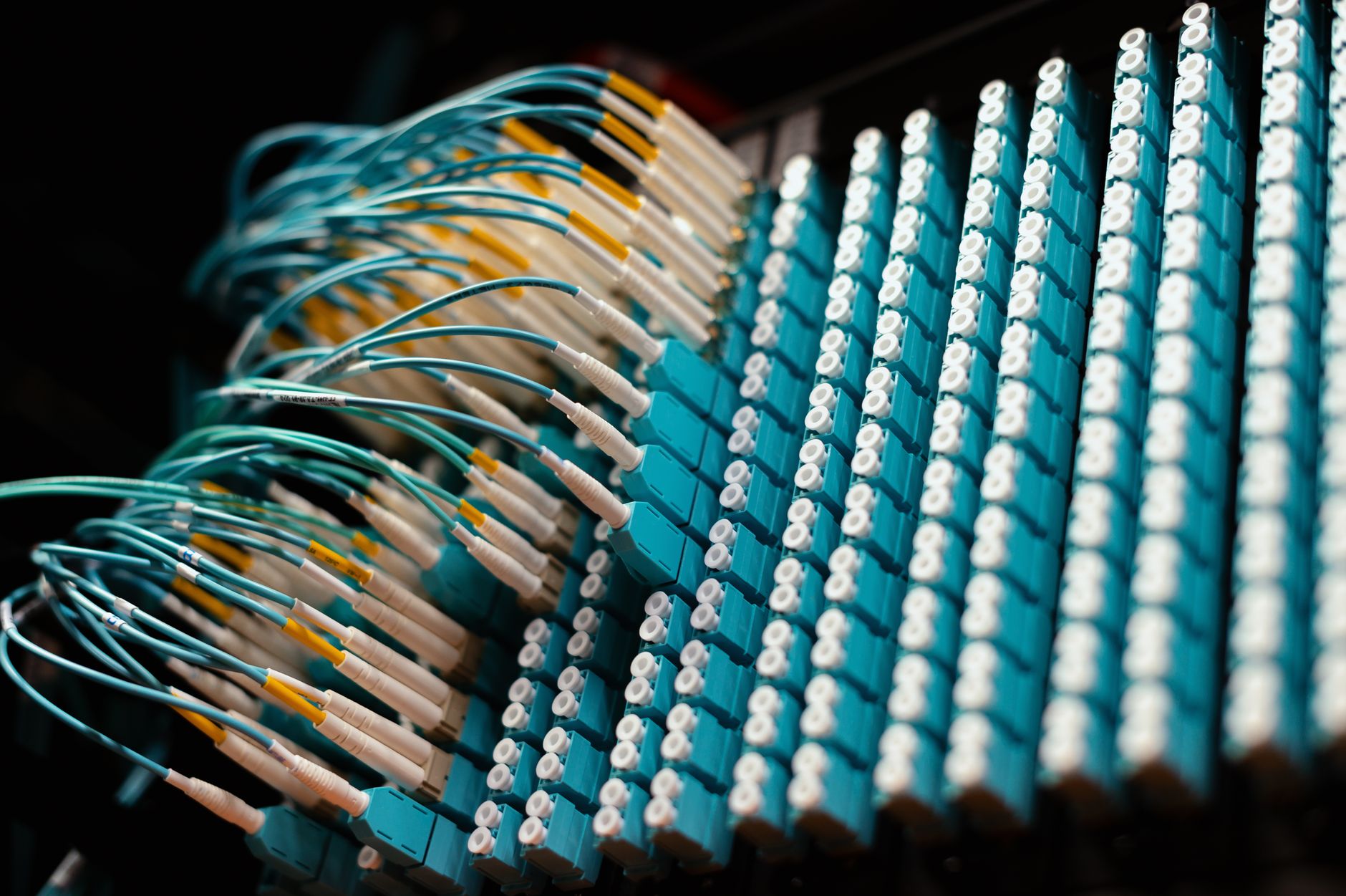 Bundle of fiber optic cables emitting colored light at their exposed tips